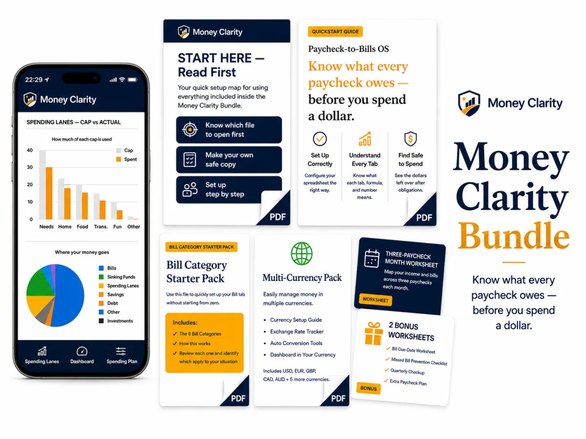Money Clarity Bundle overview with mobile templates, dashboard and bonus worksheets