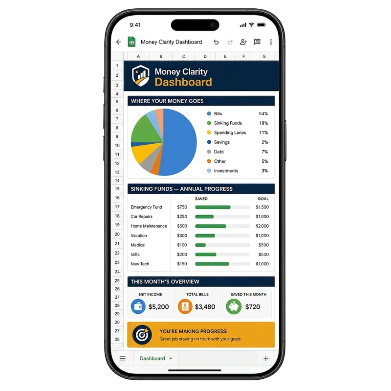 Money Clarity dashboard on mobile — every bill mapped to the paycheck that pays it