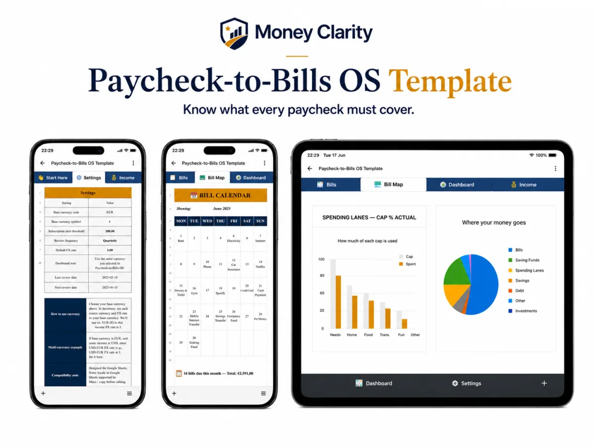 Paycheck-to-Bills OS Template shown inside Google Sheets and Excel on mobile